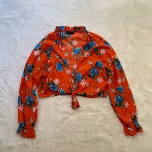 Topshop Orange Floral Tie Front Cropped Long Sleeve Blouse Fairy Cottagecore XS